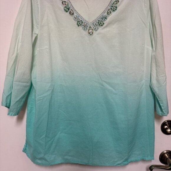 Krazy Kat Women's 100% Cotton Blue Teal Ombré Tunic Beaded Artsy Blouse Top. XXL - Picture 2 of 4